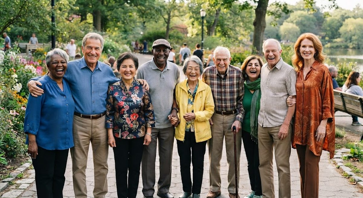 A group of older neighbors together in a park