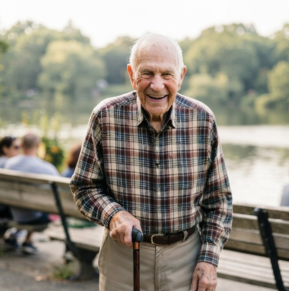 A smiling older man outdoors with a walking cane