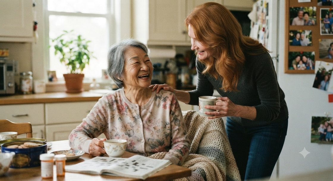 A woman bringing tea to an older woman at a kitchen table