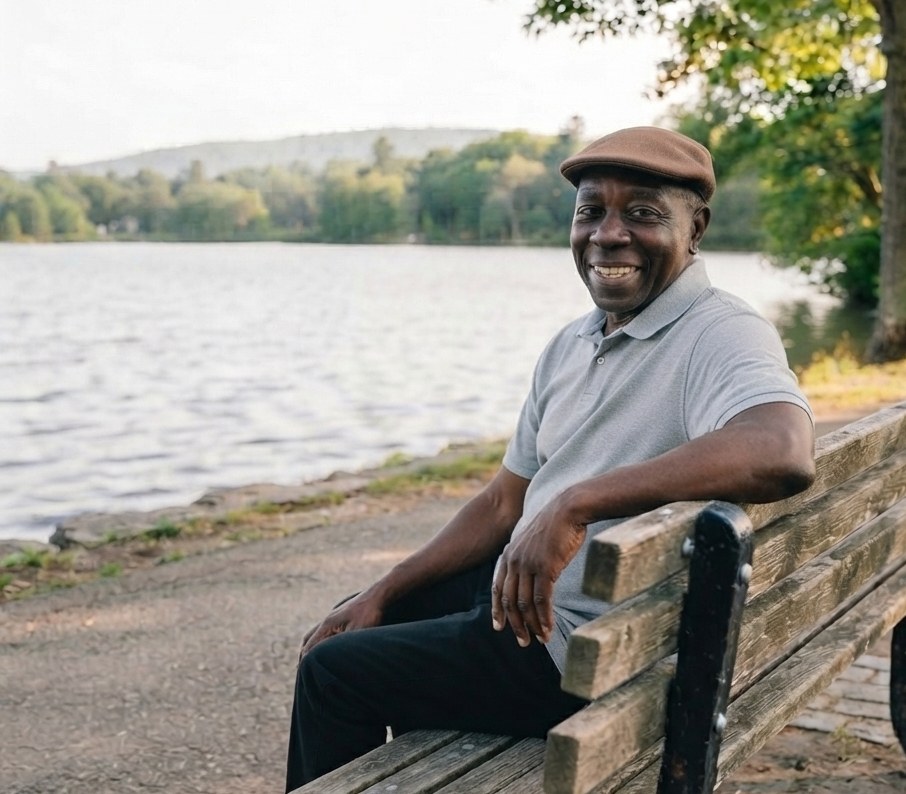 A smiling older man sitting on a park bench by a lake